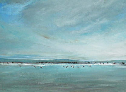 Panoramagemälde, horizont mit Bergen und wolkigem Himmel, blaugrün und beige, Detailansicht horizont