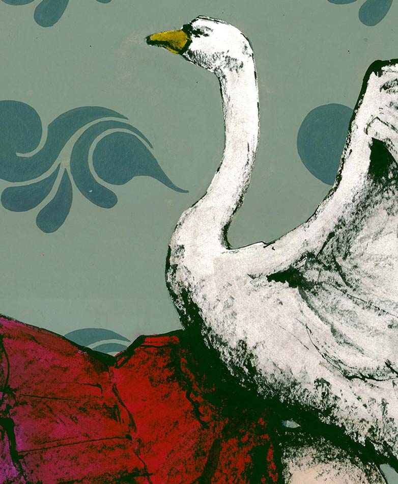 Ein Schwan und eine Frau mit rotem Rock vor grünem Hintergrund, Details Schwan, 50x60cm, Kunst-Direkt.de