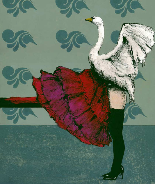 Ein Schwan und eine Frau mit rotem Rock vor grünem Hintergrund, 50x60cm, Sherin P. Spielmann, Kunst-Direkt.de