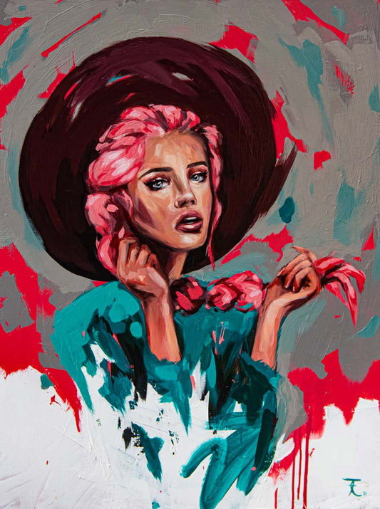 hochformat, Fineart Druck, portrait einer Frau mit hut und roten Haaren, 100 x 75 cm, aileen Clausager, Kunst-Direkt.de