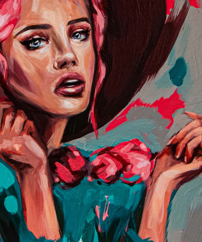 hochformat, Fineart Druck, portrait einer Frau mit hut und roten Haaren, details des Portraits, 100 x 75 cm, aileen Clausager, Kunst-Direkt.de