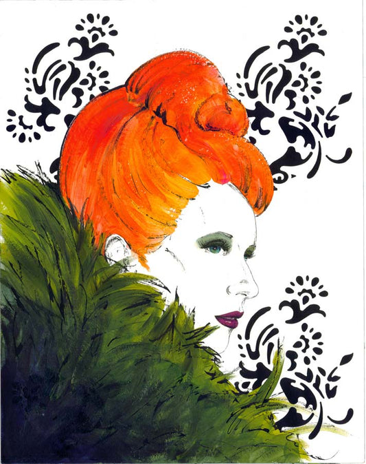 Tonicat la Miez - portrait einer Frau mit orangenen Haaren und grünem pelzkragen, 60 x 50 cm, Sherin P. Spielmann, Kunst-Direkt.de