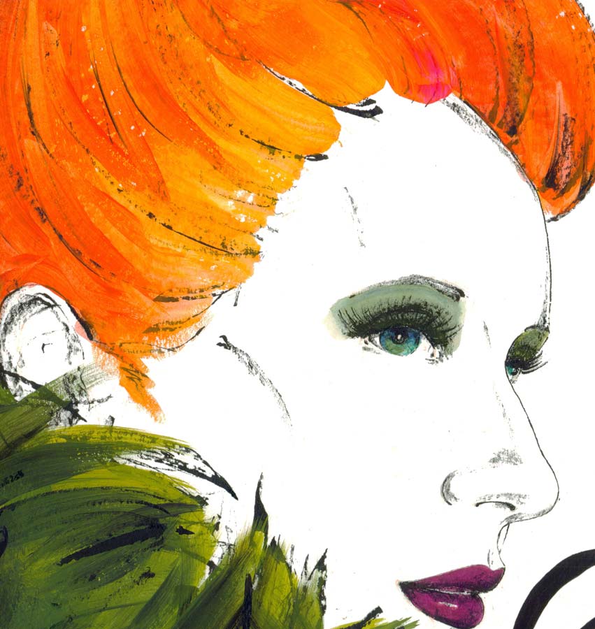 Portrait einer Frau mit orangenen Haaren und grünem pelzkragen, detailansicht, Sherin P. Spielmann, Kunst-Direkt.de