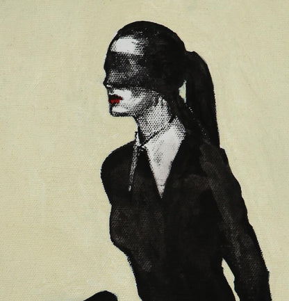 Frau in schwarz sitzt auf einem Stuhl mit verbundenen Augen, 40x50cm, Sherin P. Spielmann, Kunst-Direkt.de, Details der Frau