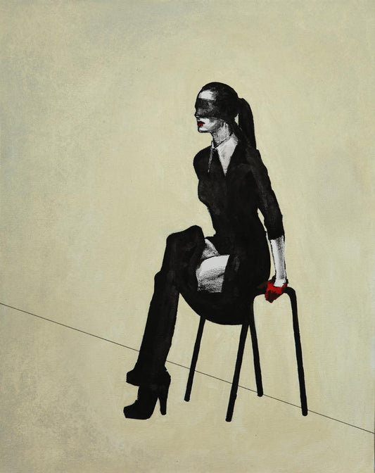 Frau in schwarz sitzt auf einem Stuhl mit verbundenen Augen, 40x50cm, Sherin P. Spielmann, Kunst-Direkt.de