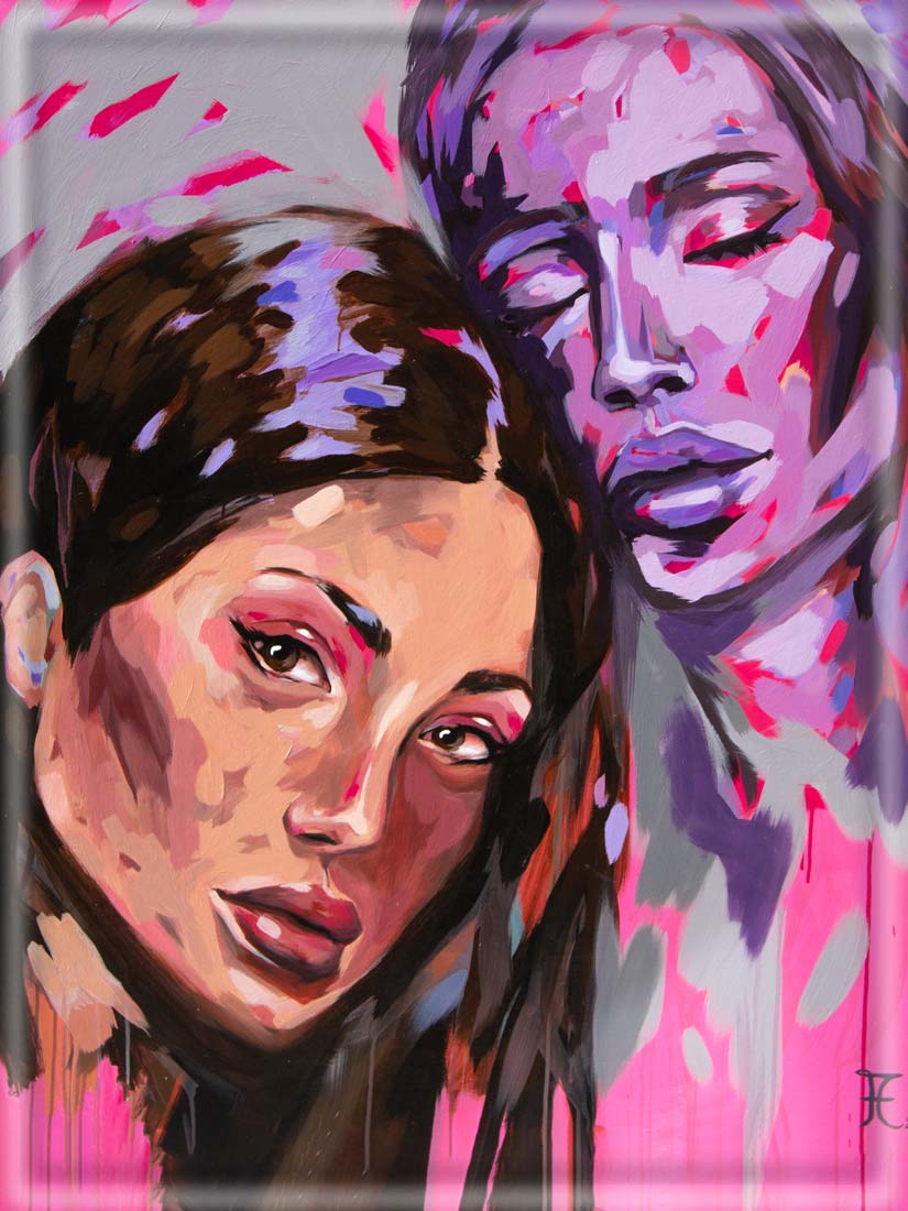 Portraits von 2 Frauen, modern gemalt, fineart Print, hochformat, 100 x 75 cm, aileen clausager, Kunst-Direkt.de