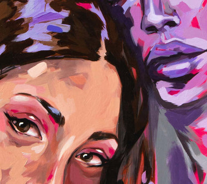 Portraits von 2 Frauen, modern gemalt, fineart Print, hochformat, Details der Portraits, 100 x 75 cm, aileen clausager, Kunst-Direkt.de