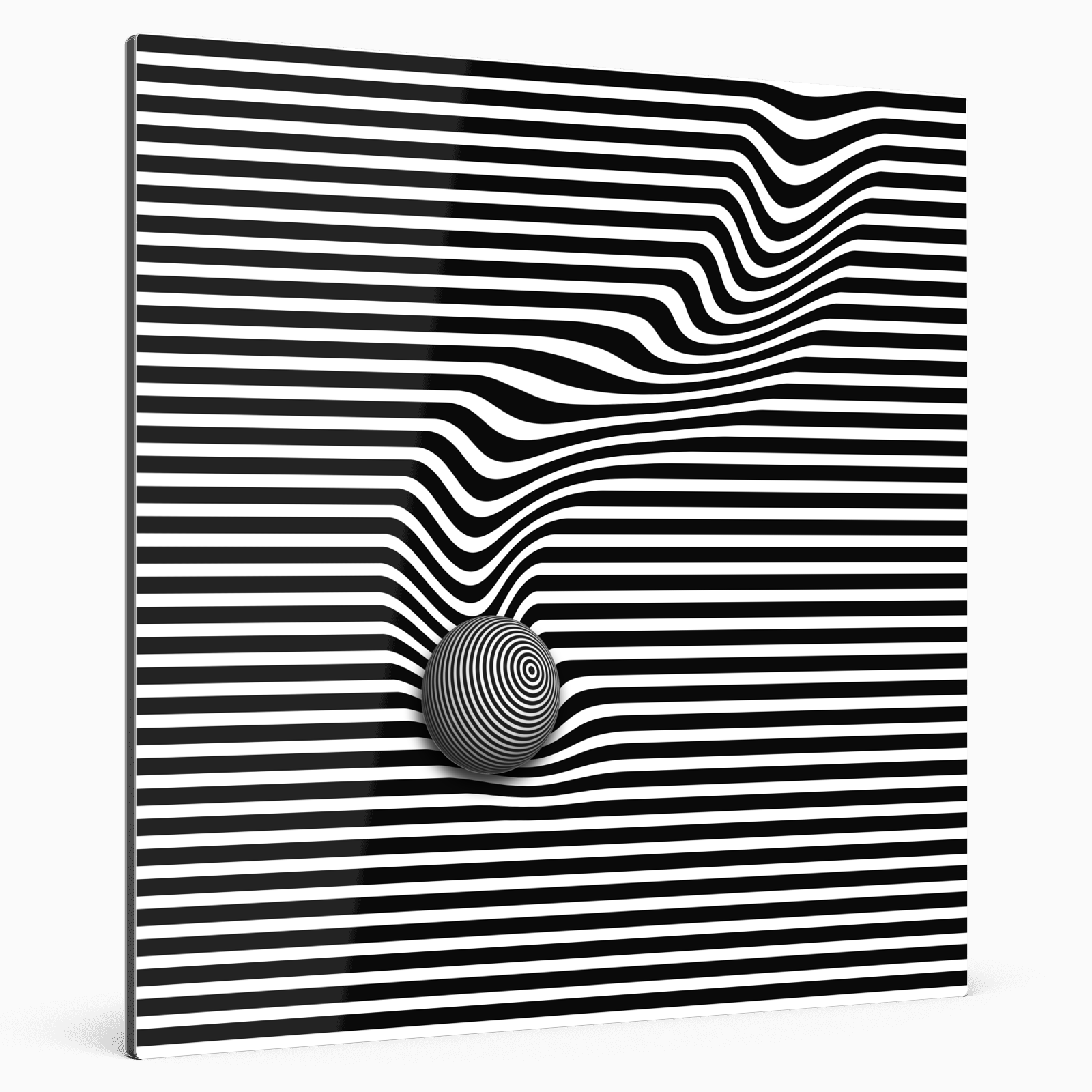 Minimalismus schwarze Linien mit Kugel, die Kugel verformt die horizontalen Linien, Farbe schwarz weiß 