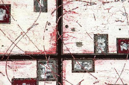 4 quadrate, gemalt, abstrakt, heller Grund mit roten streifen, detailansicht