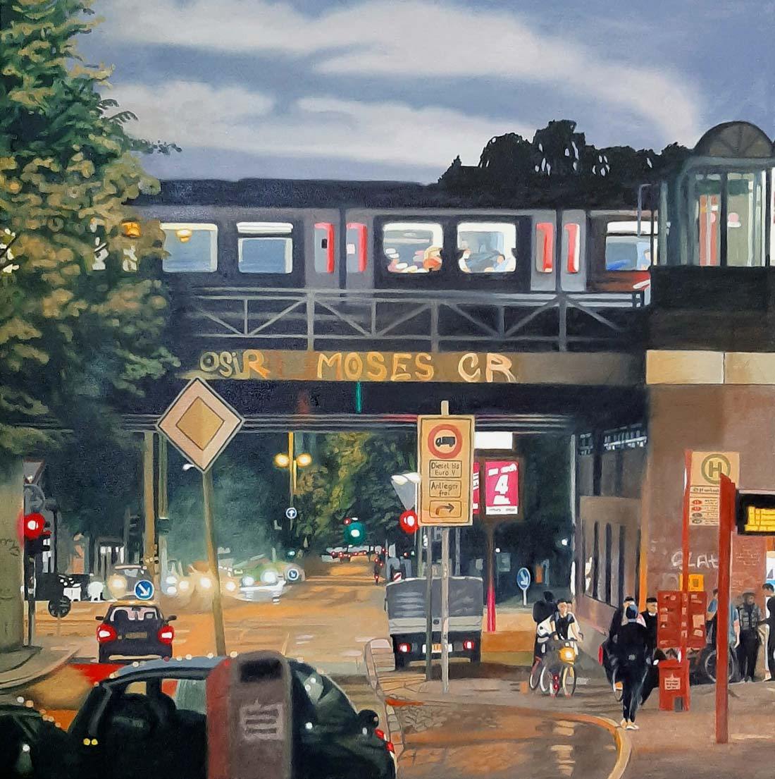 Ölgemälde, U-Bahn Brücke in Hamburg, 100 x 100 cm, Ulla Kutter, Kunst-Direkt.de