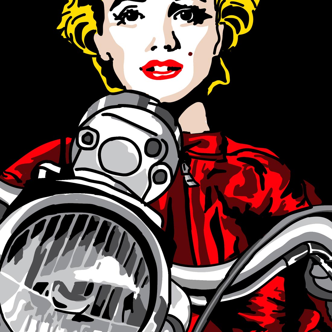 eine blonde Frau im roten Dress sitzt auf einem Motorrad, Popart, Gelb-rot-schwarz, Details des Motorrades