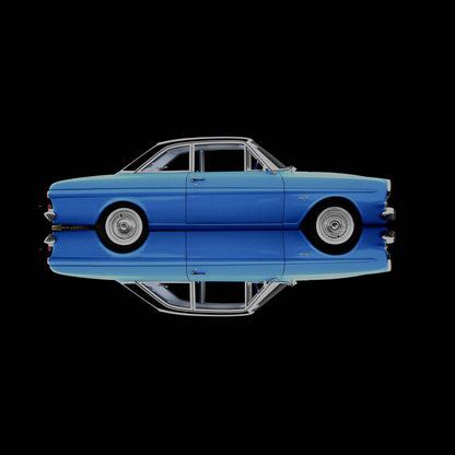 blauer Ford Taunus,gespiegelt und neu zusammengesetzt, Format quadratisch  vor schwarzem Hintergrund