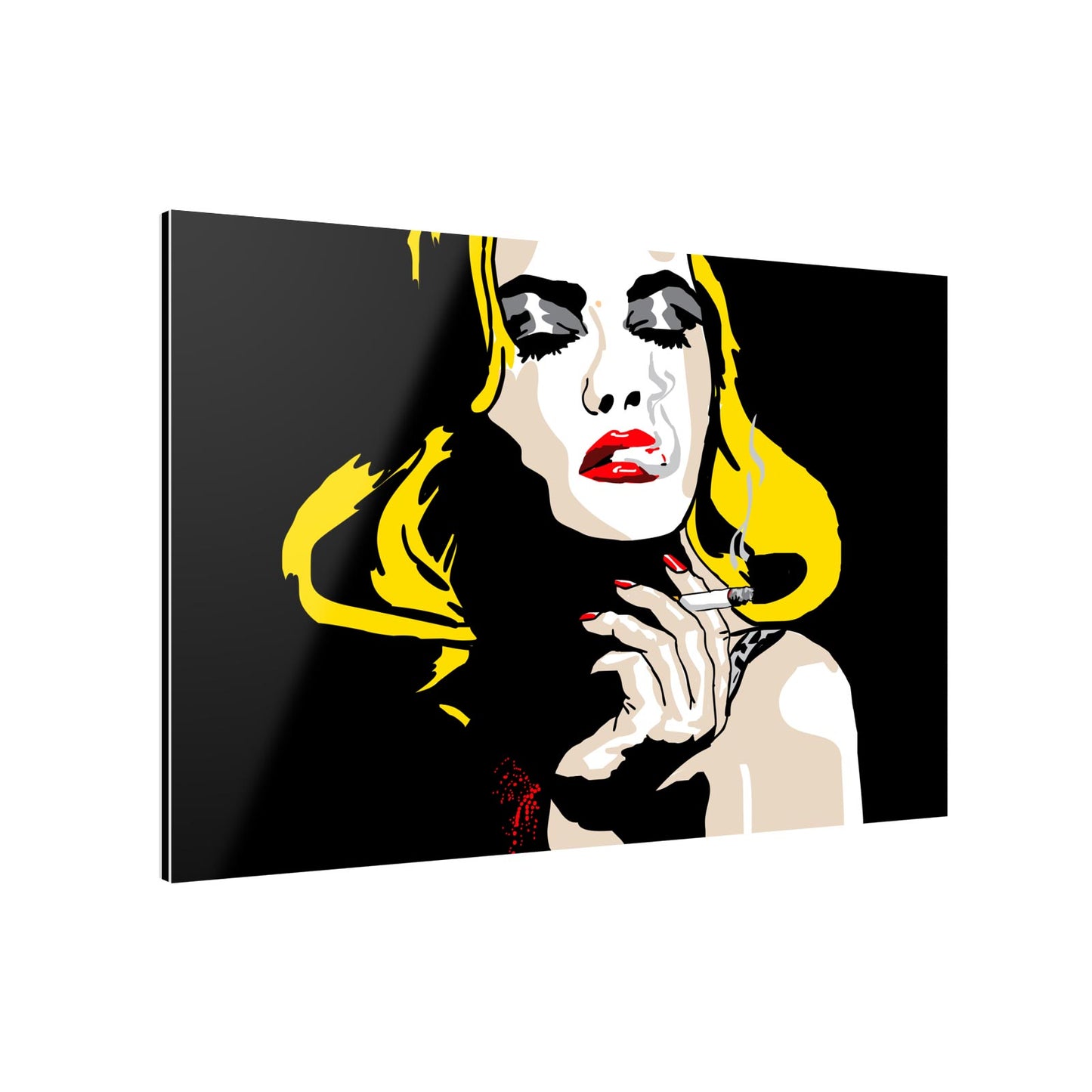 Rauchende blonde Person, popart Kunst, Kräftige Farben, an wand hängend schräge Ansicht