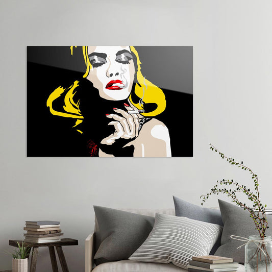 Rauchende blonde Person, popart Kunst, Kräftige Farben, an wand hängend