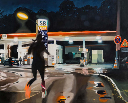 Ölgemälde, Tankstelle in Hamburg bei Nacht, 80 x 100 cm, Ulla Kutter, Kunst-Direkt.de